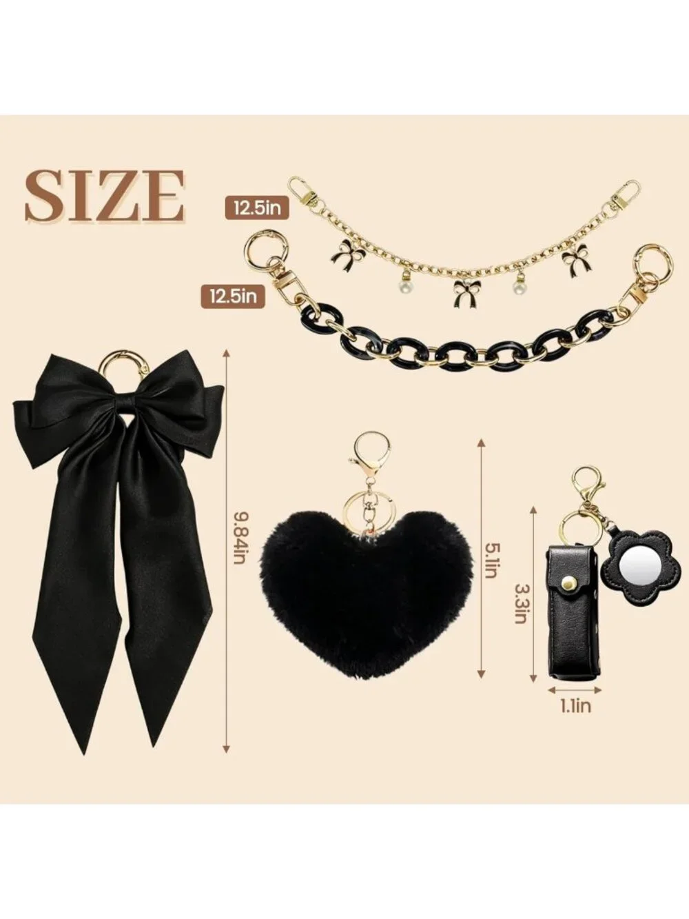 5PCS Bag Charms Set - Bow Keychain, Heart Pom-Pom, Lipstick Holder & Mirror for